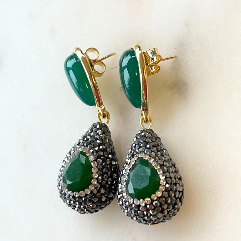 Grüne Ohrringe ADELE  Naturstein Achat Tropfen Markassite - Alessandra Schmidt Jewelry
