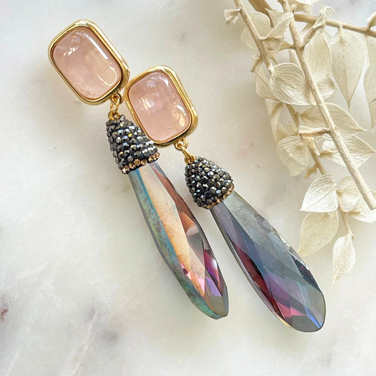 GABRIELLA Statement-Clip-Ohrringe mit Rosenquarz und Kristalle mit Marcasite - Alessandra Schmidt Jewelry
