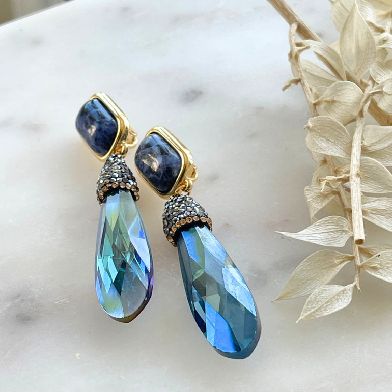 GABRIELLA Statement-Clip-Ohrringe mit Sodalite und Kristalle mit Marcasite - Alessandra Schmidt Jewelry