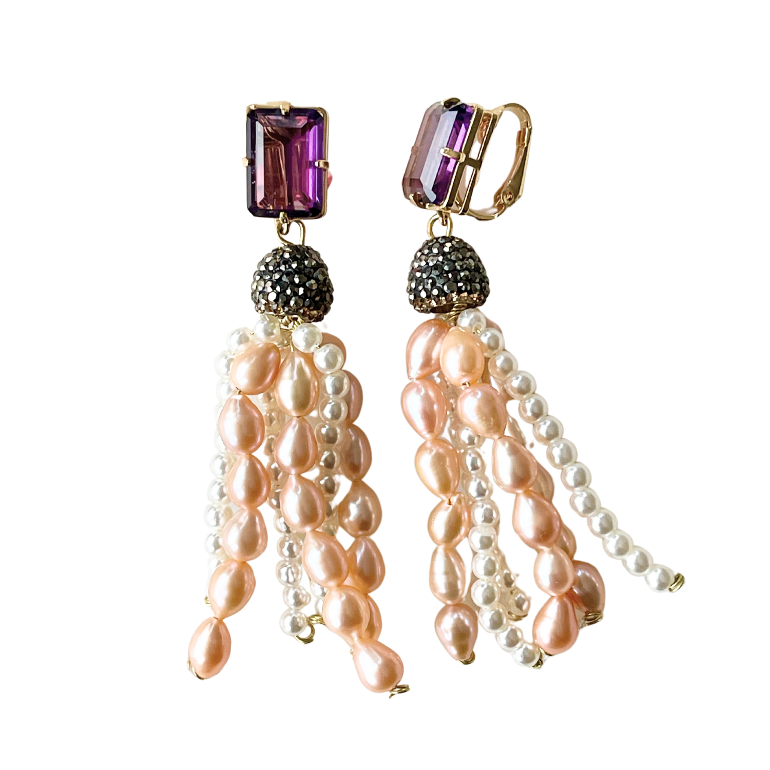 Perlen Ohrclips ANTONIETA mit Kristallen Amethist und Süßwasserperlen - Alessandra Schmidt Jewelry