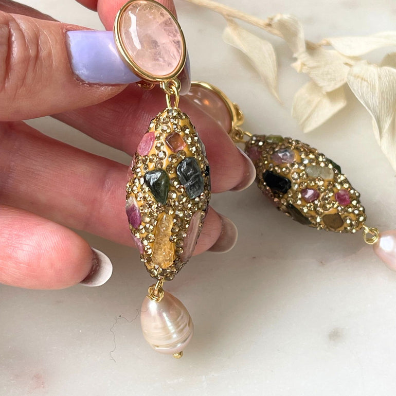 Exklusiver Rosenquarz-Ohrring mit Markasiten und Perle - Alessandra Schmidt Jewelry
