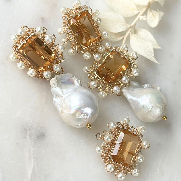 Ohrclips LILIBET mit Kristallen Citrin und Barrockperlen - Alessandra Schmidt Jewelry