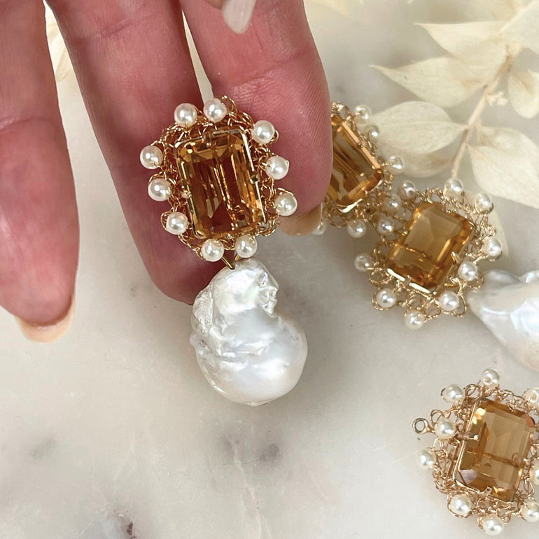 Ohrclips LILIBET mit Kristallen Citrin und Barrockperlen - Alessandra Schmidt Jewelry