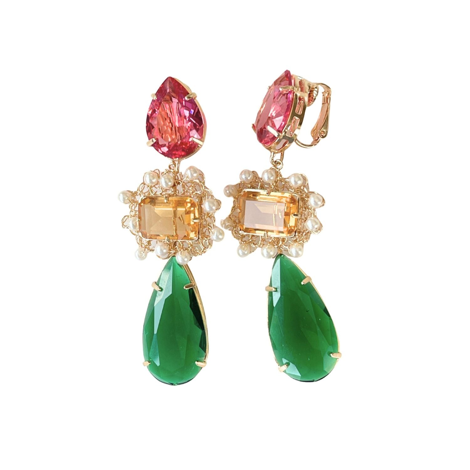 Clipohrringe GIVERNY mit rosa, grünen und citrinfarbenen Kristallen - Alessandra Schmidt Jewelry