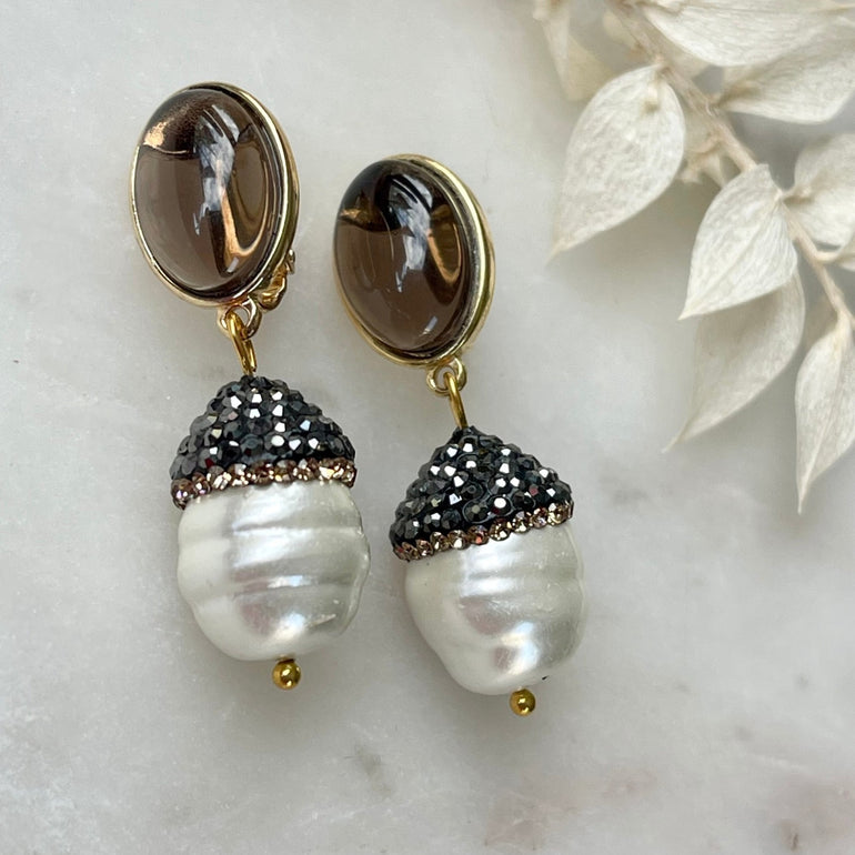 Ohrringe mit Obsidian, Perlen und Markassite - Länge: 4,2 cm - Mit Clips-Verschluß - Auch als Ohrstecker erhältlich - Kombination aus Obsidian, Perlen und Markassite für einen einzigartigen Look