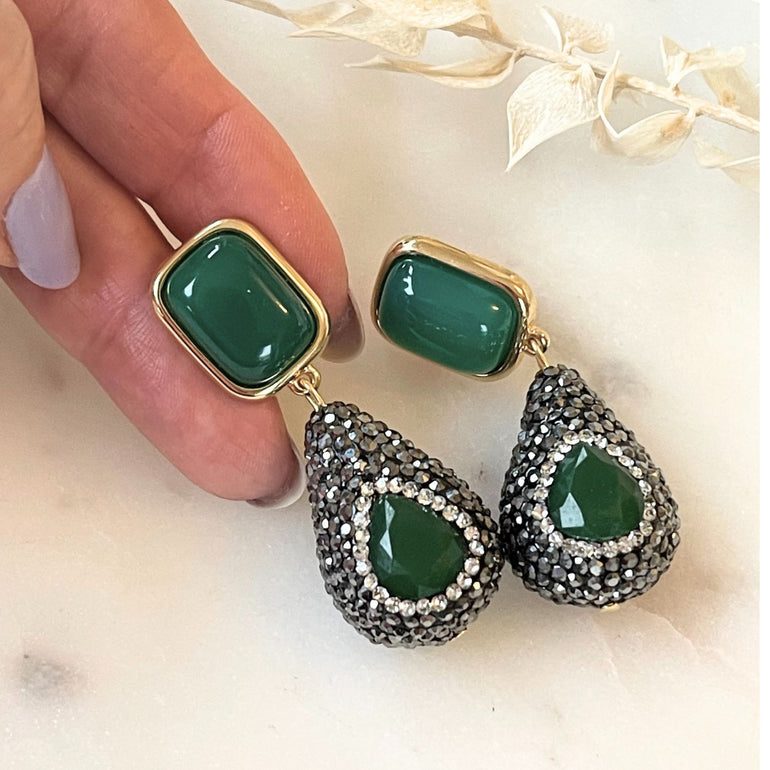 Grüne Ohclips ADELE  Naturstein Achat Tropfen Markassite - Alessandra Schmidt Jewelry