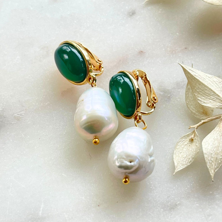 Ohrclips ALEX mit Achat und Barockperlen - Alessandra Schmidt Jewelry