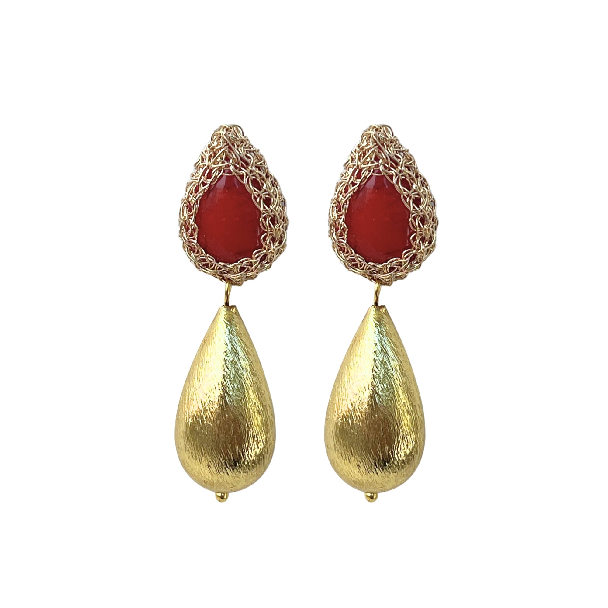 Ohrhänger "FABRICIA" mit goldenen Tropfen - 18 K vergoldetes Messing - Länge: 5,00 cm - Handgemachte feine Metallhäkelarbeit - Stilvolles Accessoire für verschiedene Anlässe, verleiht jedem Outfit eine besondere Note