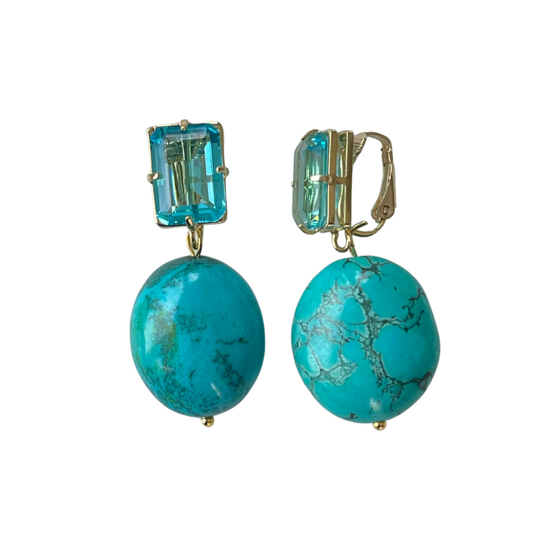 Doppelter Ohrring mit Türkis und Barockperle: Eleganter Schmuck mit Clip-Verschluss, 18 K vergoldetes Messing. Länge: 4,5 cm, Breite: 1,0 cm, Gewicht: ca. 21,64 g. Vielseitiges Design inspiriert von Queen’s Jewelry