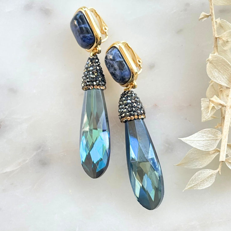 GABRIELLA Statement-Clip-Ohrringe mit Sodalite und Kristalle mit Marcasite - Alessandra Schmidt Jewelry