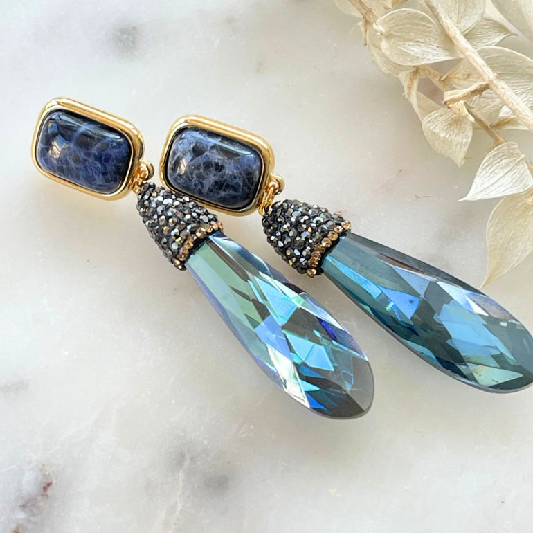 GABRIELLA Statement-Clip-Ohrringe mit Sodalite und Kristalle mit Marcasite - Alessandra Schmidt Jewelry