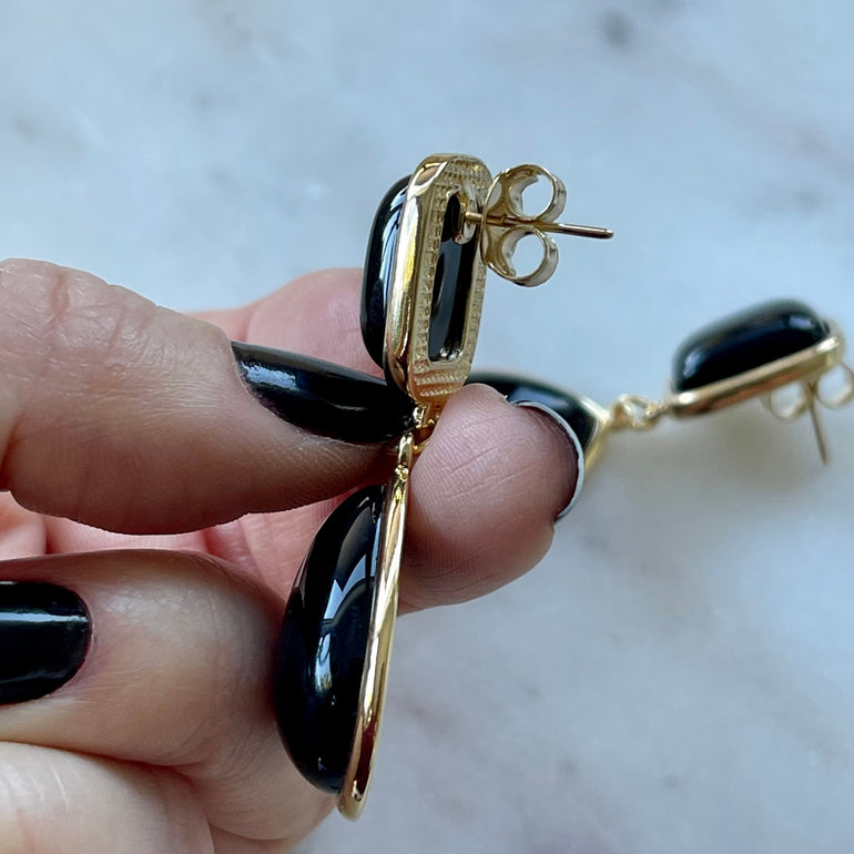 Ohrringe "ELLA" mit eleganter schwarzer Achat-Naturstein, Stecker-Verschluss, stilvolles Design in Schwarz, 5,0 cm Länge, 1,8 cm Breite, 17,68 g pro Paar.