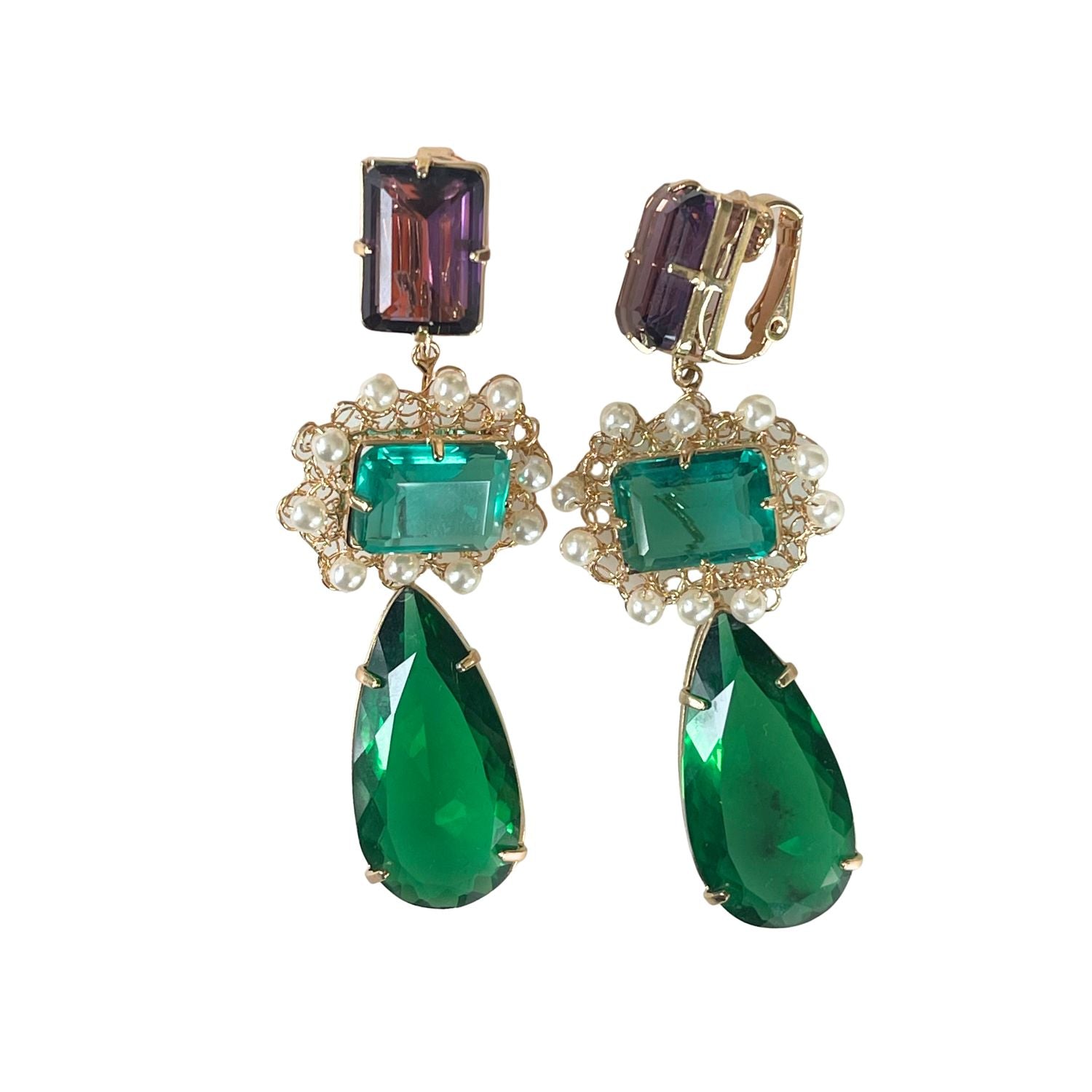 Ohrclip JARDIN D'EAU  mit lila und grünen Kristallen - Eleganter und vielseitiger Schmuck - Alessandra Schmidt Jewelry