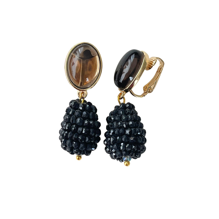 Elegante Ohrringe mit Clip-Verschluss: Rutil-Naturstein und schwarze Kristalltropfen Länge: 4,8 cm