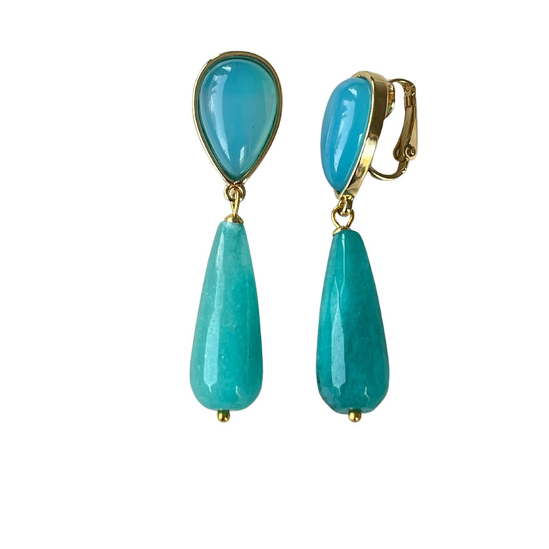 Ohrringe mit Tropfen aus Achat und Jade-Turquoise - Länge: 5,5 cm - Mit Clip-Verschluss für bequemen Tragekomfort -  Hergestellt aus hochwertigen Materialien: Achat und Jade-Turquoise.