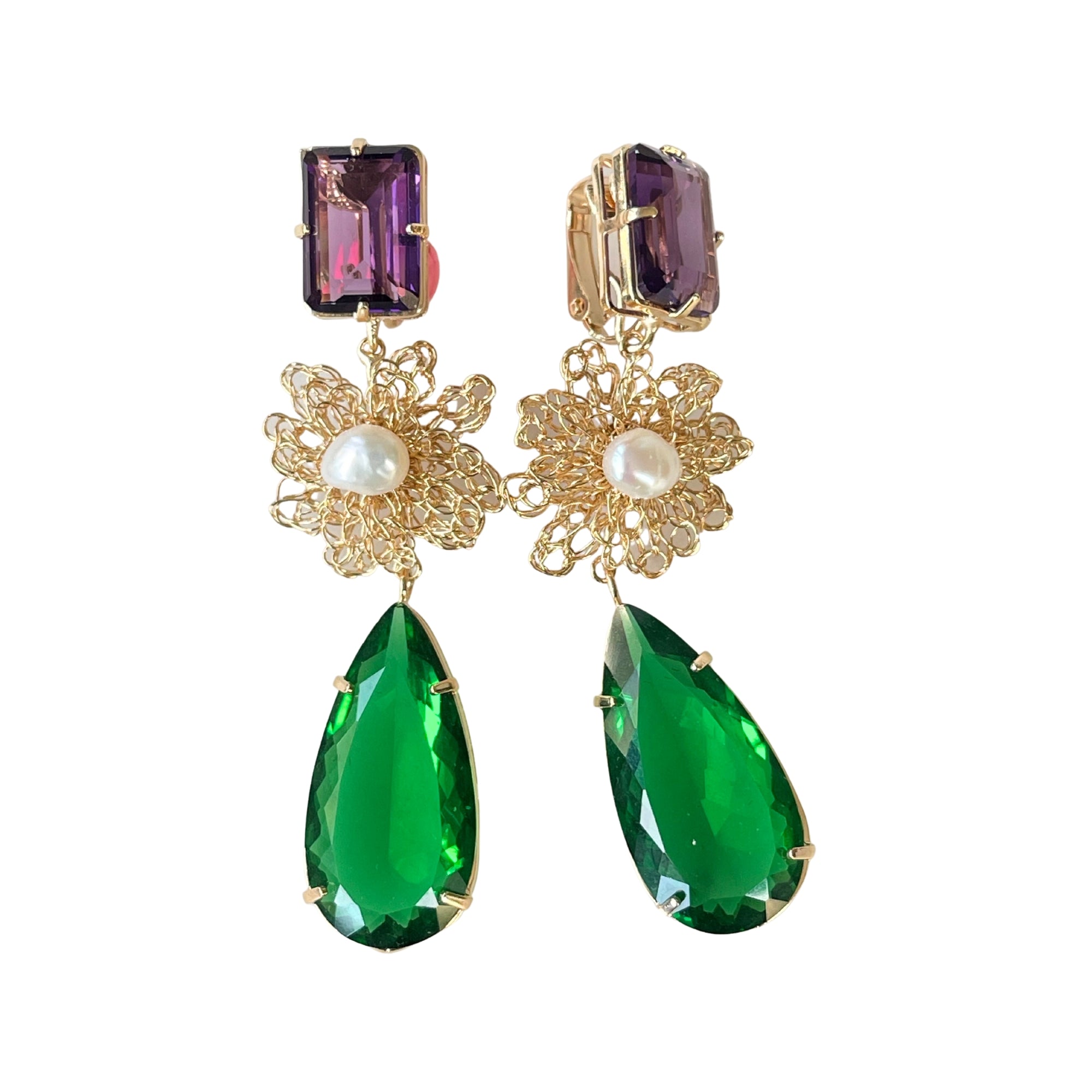 Ohrclip  LE CLOS NORMAND  mit grünen und lila Kristallen - Eleganter und vielseitiger Schmuck - Alessandra Schmidt Jewelry