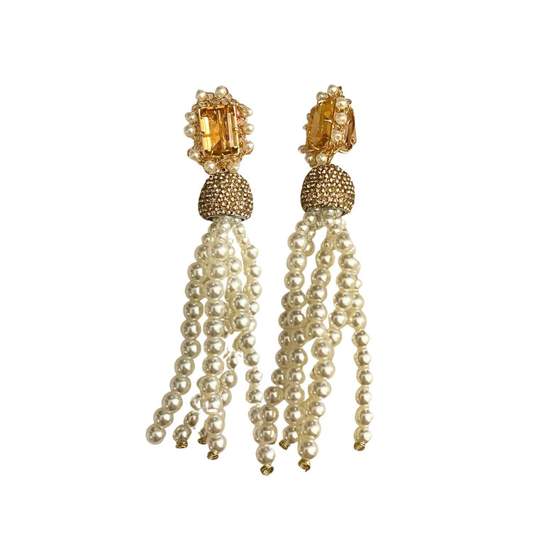 Perlen Ohrclips LILIBET mit Kristallen Citrin und Perlen - Alessandra Schmidt Jewelry
