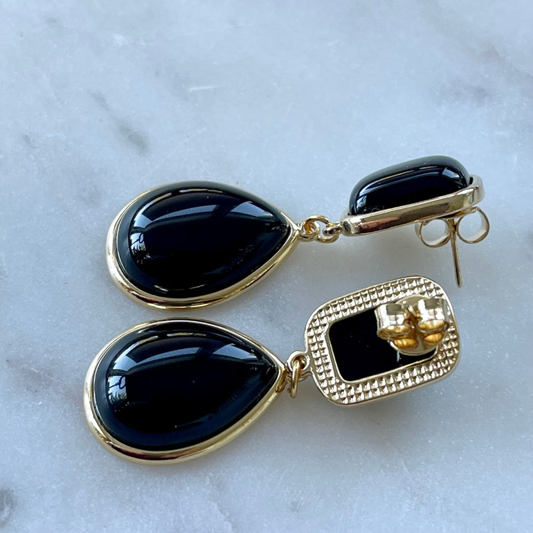 Ohrringe "ELLA" mit eleganter schwarzer Achat-Naturstein, Stecker-Verschluss, stilvolles Design in Schwarz, 5,0 cm Länge, 1,8 cm Breite, 17,68 g pro Paar.