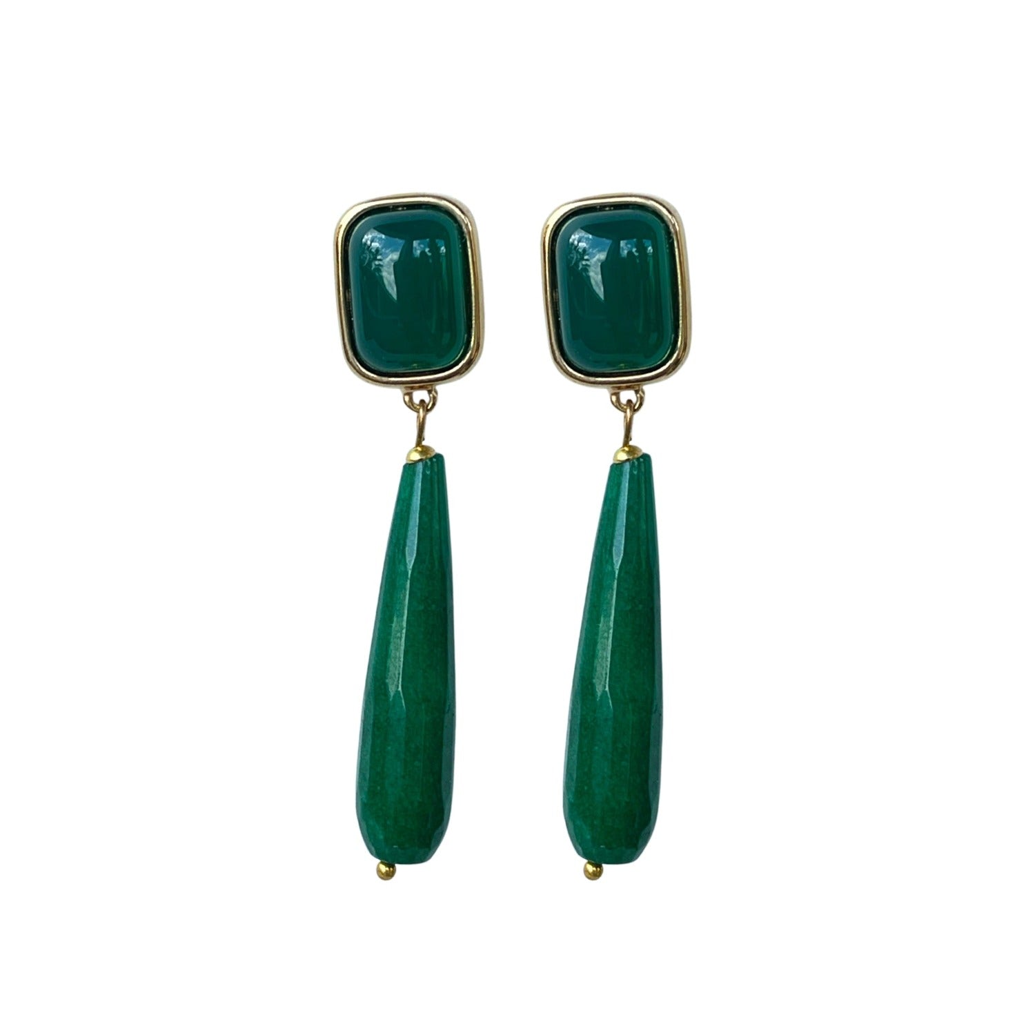 Ohrhänger MARIELA mit grünem Achat-Naturstein. Stecker-Verschluss, 6,5 cm Länge, 26,75 g Gewicht pro Paar, 18 K vergoldetes Messing