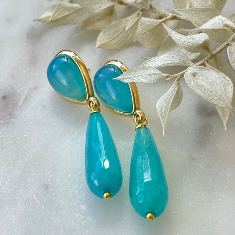 Tropfen-Ohrringe "VIVIAN" mit Achat und Jade-Turquoise. Länge: 5,5 cm. Verschluss: Clip. Verstellbare Clips für optimalen Tragekomfort, individuelle Anpassung ans Ohr möglich.