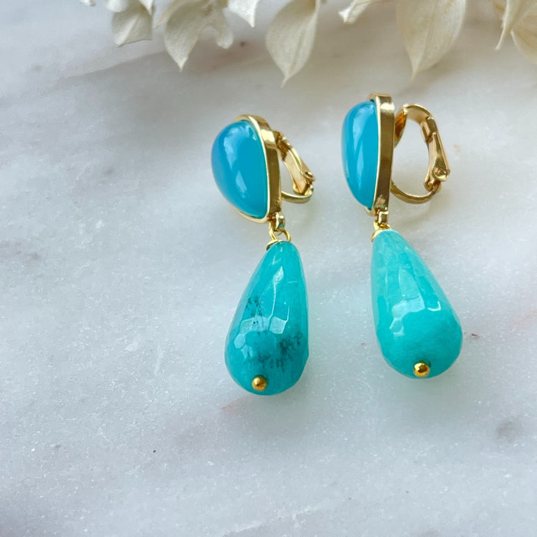 Ohrringe mit Tropfen aus Achat und Jade-Turquoise - Länge: 5,5 cm - Mit Clip-Verschluss für bequemen Tragekomfort -  Hergestellt aus hochwertigen Materialien: Achat und Jade-Turquoise.