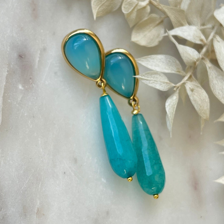 Ohrringe mit Tropfen aus Achat und Jade-Turquoise - Länge: 5,5 cm - Mit Clip-Verschluss für bequemen Tragekomfort -  Hergestellt aus hochwertigen Materialien: Achat und Jade-Turquoise.
