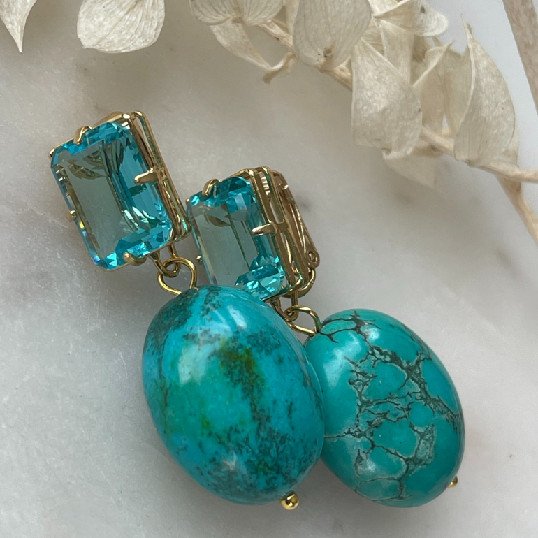 Doppelter Ohrring mit Türkis und Barockperle: Eleganter Schmuck mit Clip-Verschluss, 18 K vergoldetes Messing. Länge: 4,5 cm, Breite: 1,0 cm, Gewicht: ca. 21,64 g. Vielseitiges Design inspiriert von Queen’s Jewelry