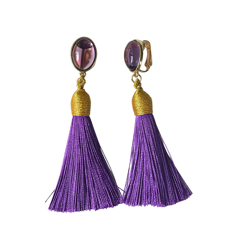  Lila Amethyst-Ohrringe mit Quaste: Luxuriöser violetter Naturstein - Länge 9,0 cm, Breite 1,4 cm - Leichtgewicht von ca. 13,75 g pro Paar - Hochwertiges 18 K vergoldetes Messing - Amethyst