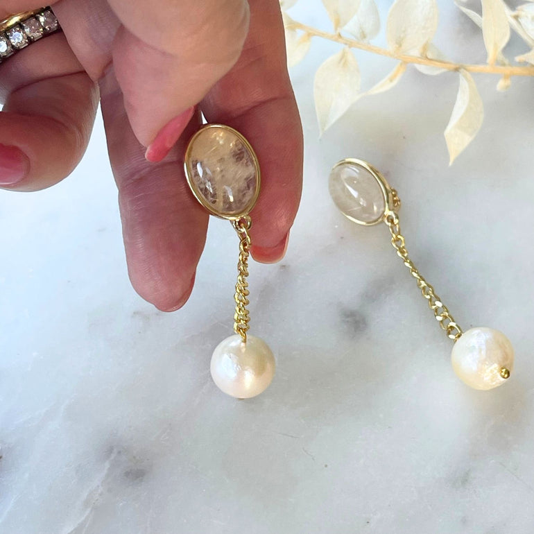 Perlen Ohrringe MARTA mit Clips und Rutilstein - Alessandra Schmidt Jewelry