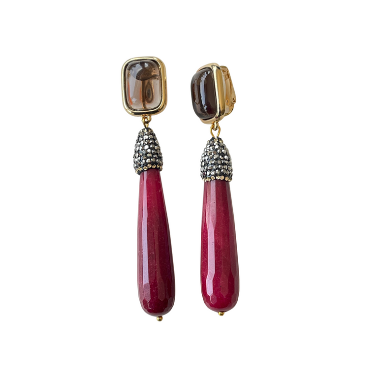 Ohrclips "MARIELA" mit Obsidian, Marcassite und Achat - Mit Clip-Verschluss - Farben: Rauchgrau und Rot - Länge. 8,00 cm Gewicht: ca. 26,75 g pro Paar - 18 K vergoldetes Messing mit natürlichen Obsidian, Marcassite und Achatsteinen