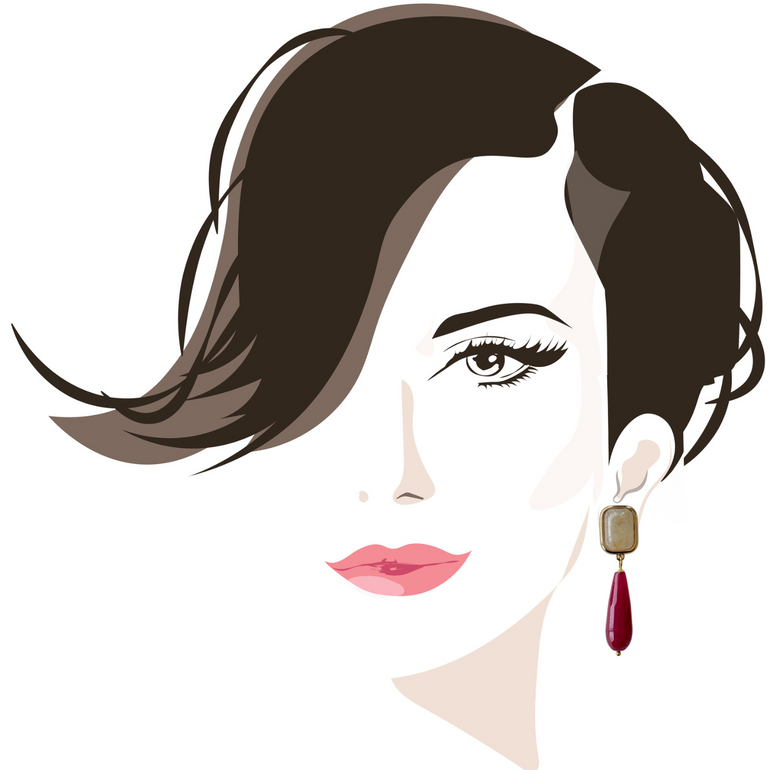 Ein Paar Ohrclips MARIELA in Rot mit CLIP-Verschluss, aus 18 K vergoldetem Messing und verziert mit Natursteinen Rutil und Achat. Die Clips sind 5,3 cm lang, 1,3 cm breit und wiegen insgesamt 17,73 g.